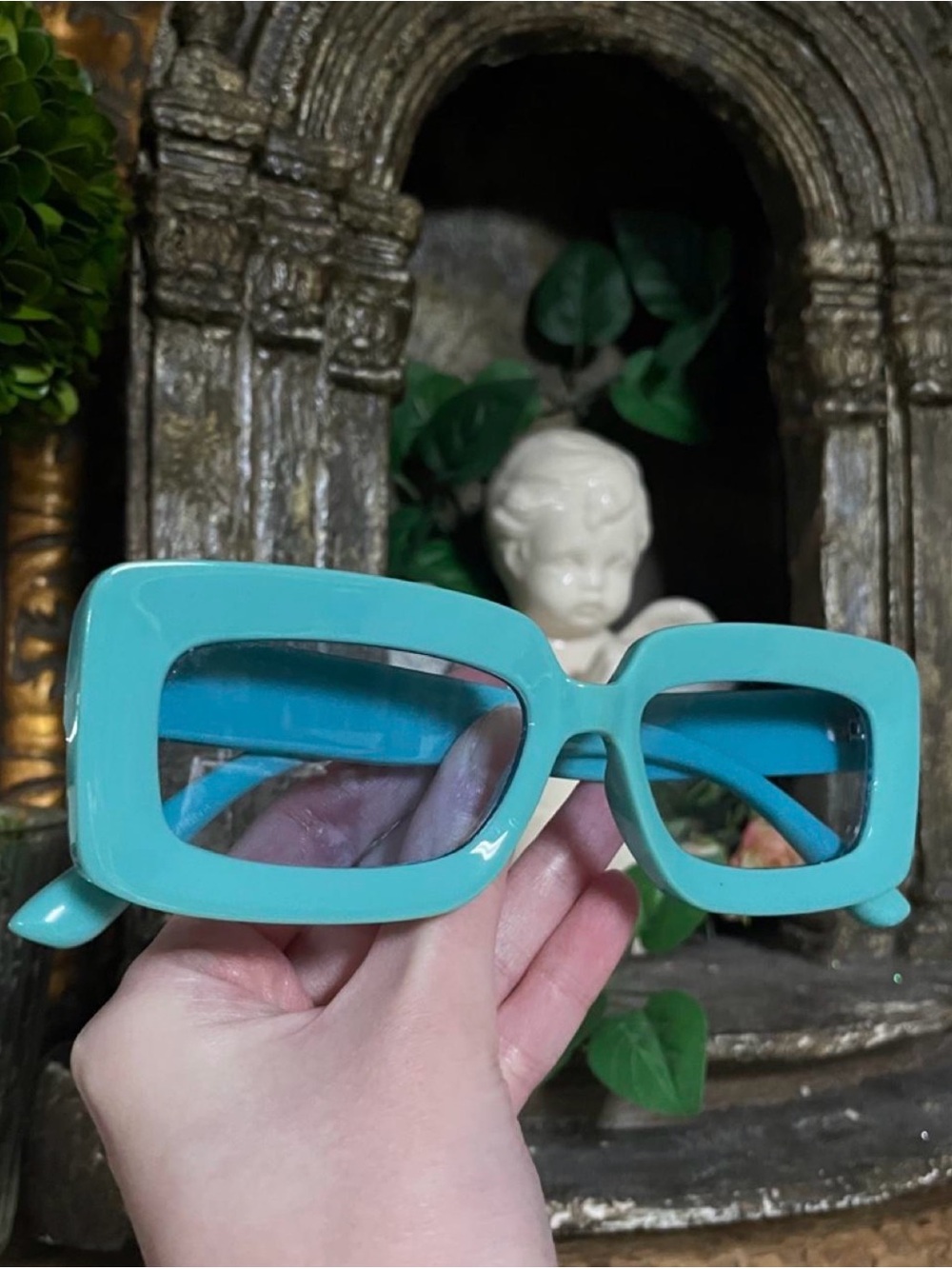 Turquoise Rectangular Retro Sunglasses